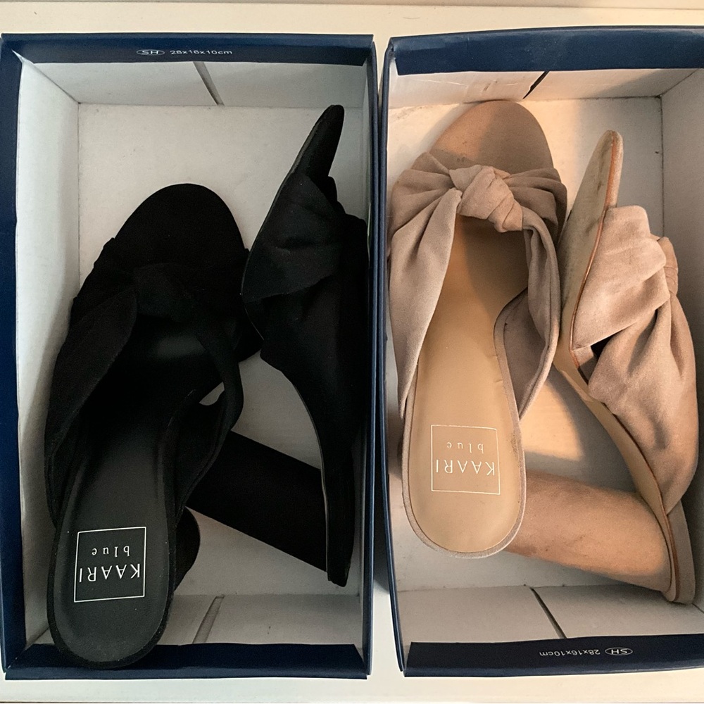 2 Pair KAARI blue Suede Katie Heels Size 8.5 Tan Knotted Faux Suede Katie Vegan